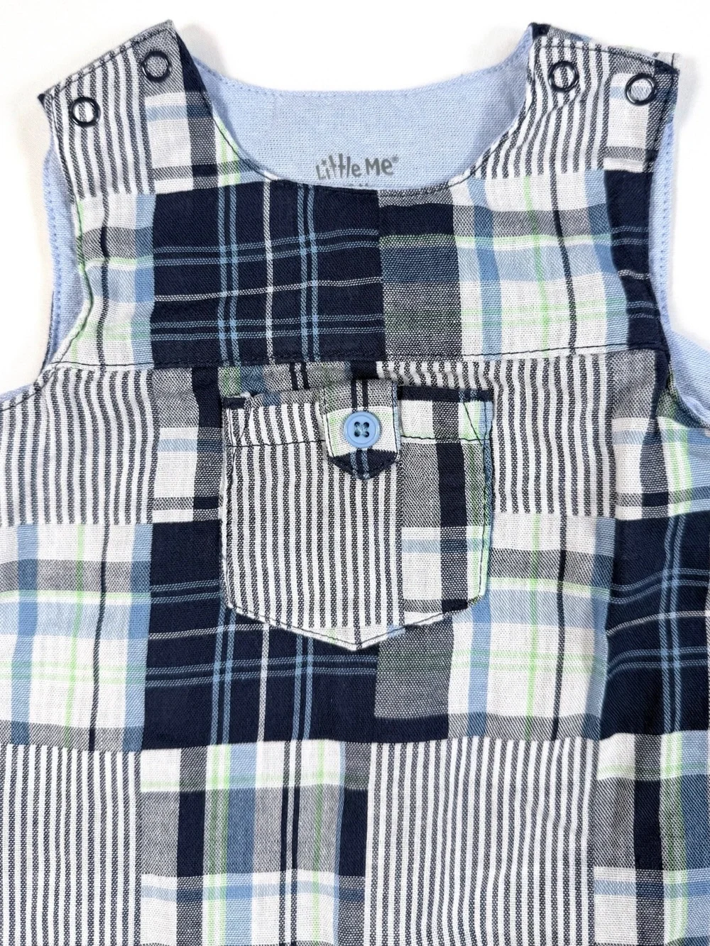 LITTLE ME‎ Baby Boys' Blue Plaid Stripe Patchwork Overall Jon Jon Romper Size 6M